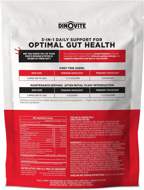 Dinovite Probiotic Supplement for Dogs, Omega 3 for Hot Spot Relief, Skin & Coat Supplement, 30 Day Supply for Large