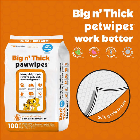 Petkin Big N' Thick Paw Wipes for Dogs, 100 Large Wipes for Cleaning Dirty Paws After Walks, Orange Scent