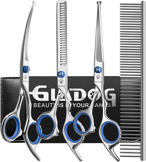 GLADOG 5 in 1 Professional Dog Grooming Scissors Set with Safety Round Tips, Heavy-duty Shears for Cats