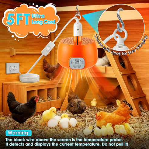 5 Enhon Chicken Coop Heater, Timing Heat Lamp for Chickens, Smart Temperature Control Chicken Brooder Heater, Ft Long