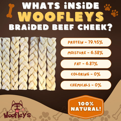 Woofley's 6" (12 Count)- Buffalo Beef Cheek Braids Regular - Beef Cheek Dog Chews - No Hide Bones for Dogs