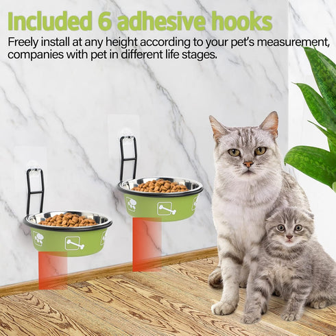 Elevated Cat Bowls, Wall Mounted Stainless Steel Food Dish, Nonslip No Spill Pet Feeding Bowls (2 Packs, Green)