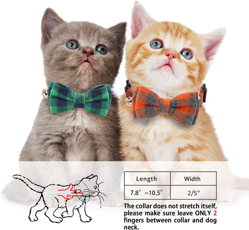 KUDES 2 Pack Cat Collar Breakaway with Bow Tie and Bell for Kitty and Puppies, Adjustable 7.8-10.5 Inch (Green+Orange)