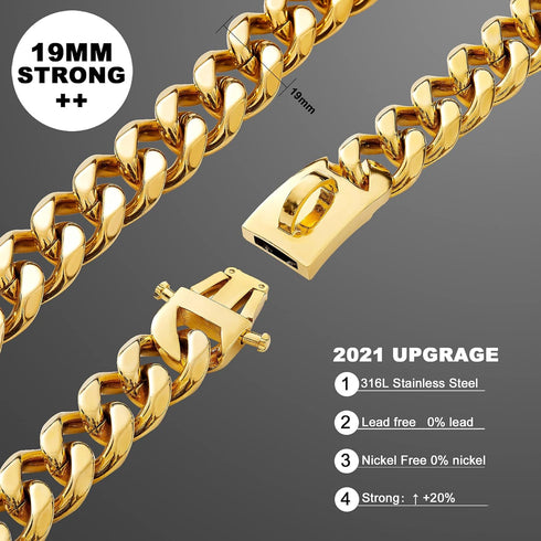 Dog Chain Collar, 19mm Snap Clasp, Stainless Steel 18K Gold Curb Chain, Pet Walking Collar (26 inches)
