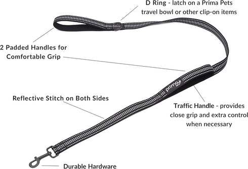 Reflective Nylon Dog Leash with Padded Double Handle - Heavy Duty Neoprene Control Training, 4 Feet Long, Black