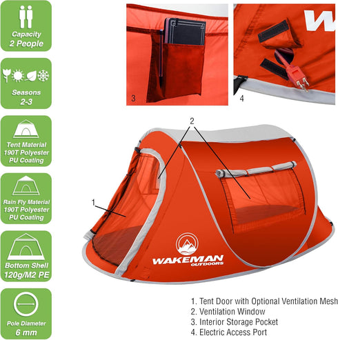 Pop-up Tent 2 Person Collection - Water Resistant Barrel Style Tent for Camping with Rain Fly and Carry Bag