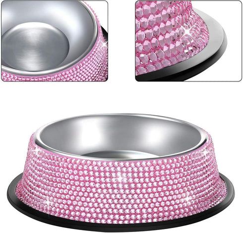 SAVORI Bling Dog Bowls - Pink, 640ML Handmade Rhinestones Stainless Steel Pet Bowls, Set of 2