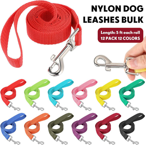 12 Pcs Nylon Dog Leash Bulk 5ft Dog Training Leash 12 Colors Puppy Leash Dog Long Line Puppy Traction Rope for Small Medium Dogs Training, Play, Camping, or Backyard (Bright Colors)