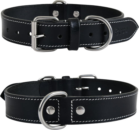 Genuine Leather Dog Collar, Heavy Duty, Adjustable, Ultra Soft, Comfortable, with Double D Rings (L 18”-22”, Rich Black)