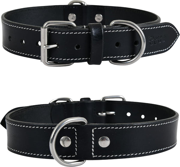 Genuine Leather Dog Collar, Heavy Duty, Adjustable, Ultra Soft, Comfortable, with Double D Rings (L 18”-22”, Rich Black)