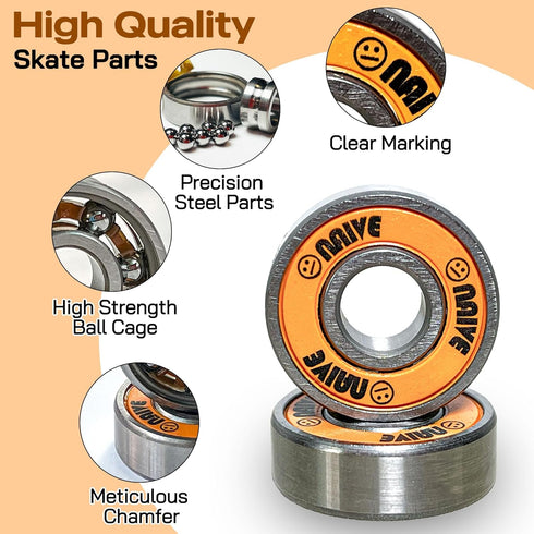Skate Bearings 8mm 16 Pack, Precision 608 Bearings for Quad Inline Speed Skates, Roller Derby, Skateboard