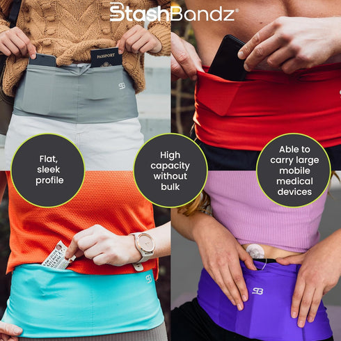Pack 4 StashBandz Running Belt for Women & Men No-Bounce Fanny with Secure Pockets & Zipper for Phone, Money
