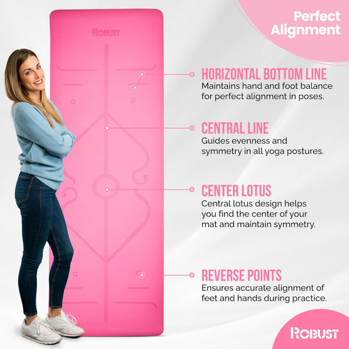 Robust Yoga Mat - 1/4" Thick Non-Slip Mat with Position Lines, Includes Strap and Storage Bag, Eco-Friendly TPE