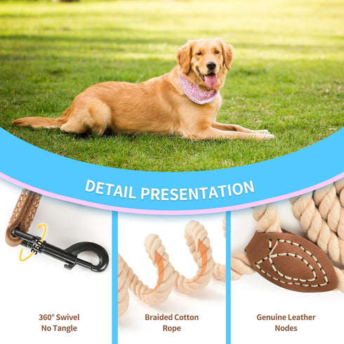 Mile High Life 18 Inch Short Dog Leash, Braided Cotton Rope with Leather Tailor Tip, Heavy Duty Metal Clasp