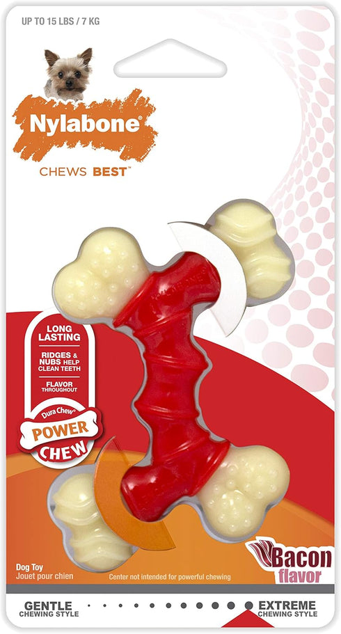 Nylabone Double Bone Power Chew Toy for Dogs, Bacon Flavor, X-Small - Up to 15 lbs, 1 Count
