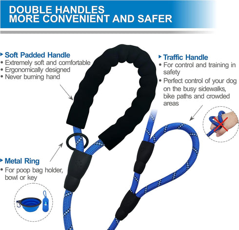 Dog Leash 6ft, Double Handle with Padded Handle, Reflective Double Loop for Large Medium Dog Control Safety Training,