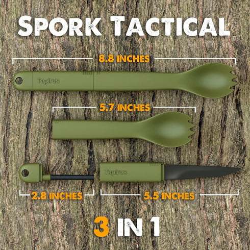Tapirus Tactical Green Spork, BPA Free Spoon Fork, Stainless Steel Knife, Fire Starter, 3 in 1 Outdoor Utensil