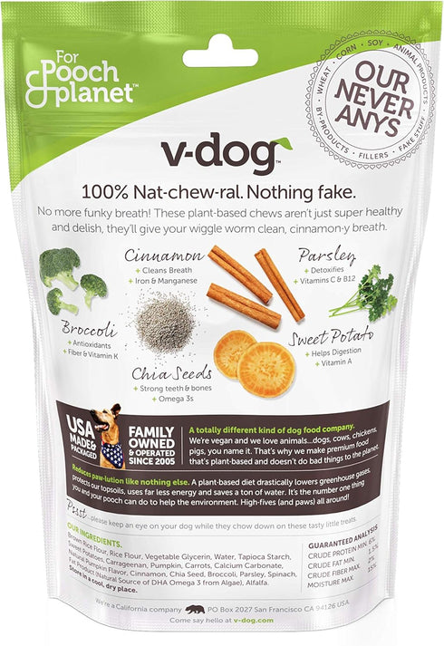 V-dog Dog Treats - Vegan Breathbone Teeth Cleaning Dental Dog Bones - Fresh Breath - 8 Ounces - All Natural - Made in USA - 6 Bones - 4" Long - Easy to Digest