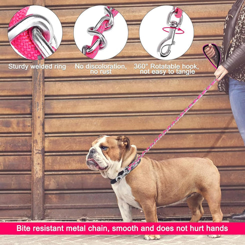 HOMIMP Chew Proof Dog Leash for Medium Large Dogs, Reflective 6 FT Heavy Duty Metal Chain Leash with Padded Handle