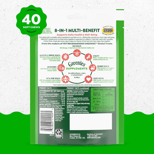 8-in-1 7.76 oz. 40 Count Greenies Dog Supplements Multi-Benefit Dog Vitamins and Supplements Chicken Flavor, Pouch