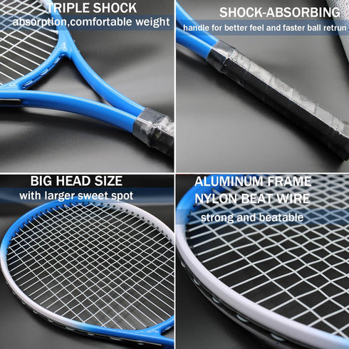 Tennis Rackets for Adults, 2 Players Recreational Set for Beginners with 4 Tennis Balls, 3 Overgrips, 1 Tennis Bag