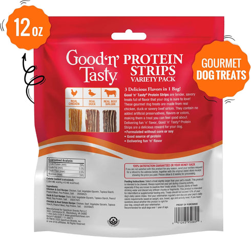 Good N Tasty Pack, 12 oz, GoodnTasty Protein Strips Variety High-Protein Dog Treat with Real Chicken Or Duck and Savory