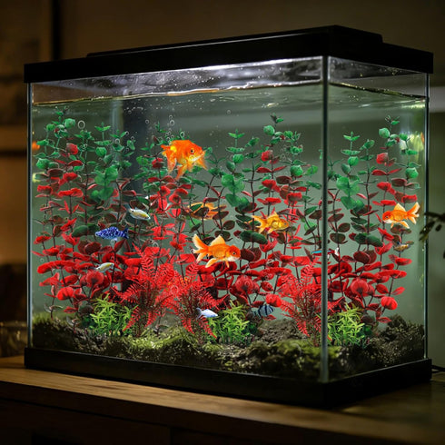 QUOZUO 3pcs Aquarium Large Plants Decoration, Aquarium Decorations Artificial Plastic Plants, Dark Red Fish Tank