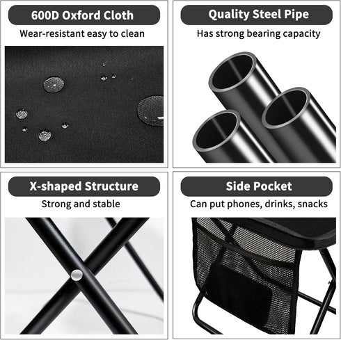 13 Inch Portable Folding Stool Camping Stool for Adults with Side Pocket, Ultralight Small Foldable Pocket Chair
