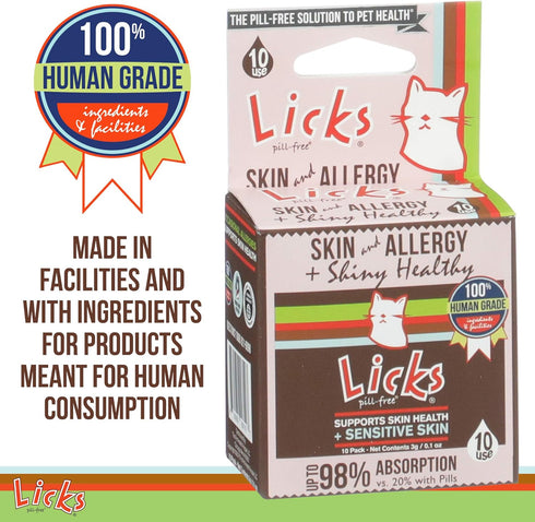Licks Pill-Free Cat Skin & Allergy Relief, Omega 3 Vitamins & Supplements for Itchy Skin, Turmeric Gel Packets, 10 Use