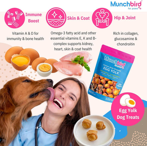7 oz, 2030 Munchbird Dehydrated Chicken Jerky Wrapped Egg Yolk Dog Treats, high-Protein Dog Food Topper with no