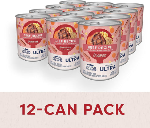 13 (Pack 12) Natural Balance Ultra Premium Wet Dog Food, Beef Formula with Potatoes, Carrots & Brown Rice, Ounce Can