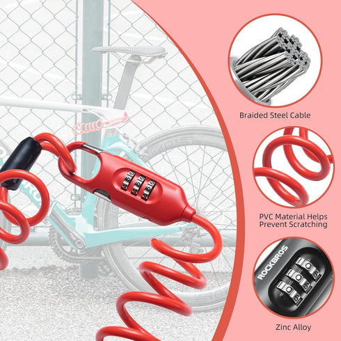 ROCKBROS Bike Lock Cable Combination, High Security 6FT Long Portable Lock for Bicycle and Scooter