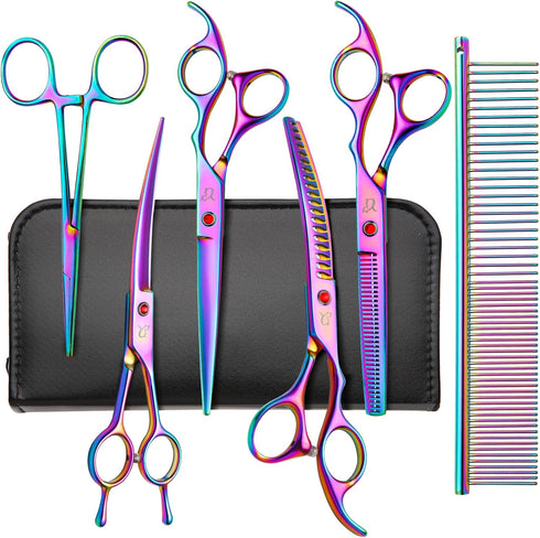 Dog Grooming Scissors,Rainbow Curved Chunkers Shears with Safety Round Tips,Sharp and Durable