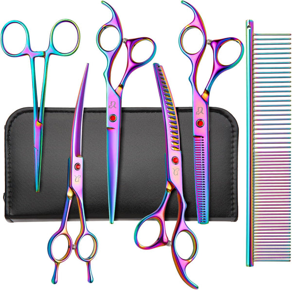 Dog Grooming Scissors,Rainbow Curved Chunkers Shears with Safety Round Tips,Sharp and Durable