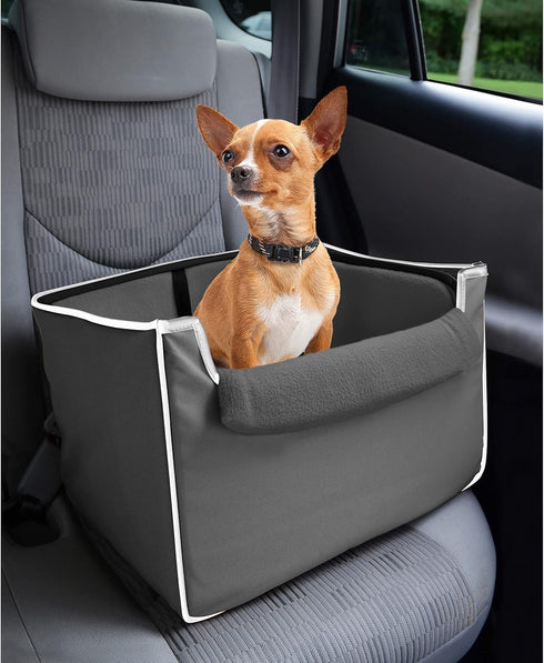 Collapsible Pet Booster Car Seat Box with Plush Fleece Cover, Cushion Insert and Foam Padded Panel - Foldable Carseat for Small Pet Dogs and Puppies Under 20 lbs, Grey