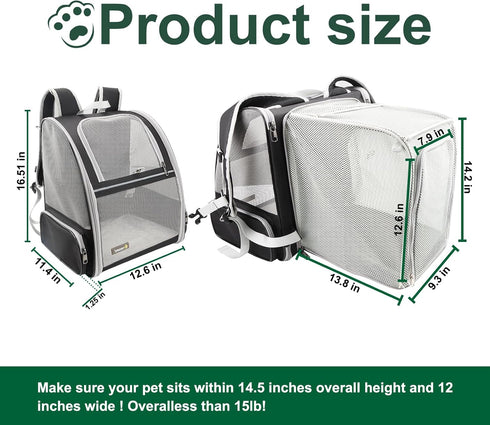Texsens Cat Backpack, Expandable Pet Carrier for Medium Cats and Small Dogs up to 17 lbs, Black