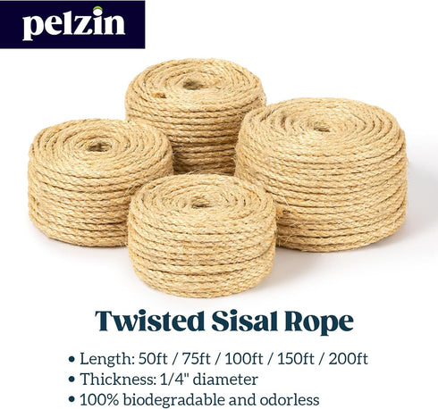 Pelzin Cat Natural Sisal Rope for Scratching Post Tree Replacement, 100ft, 1/4in, Natural