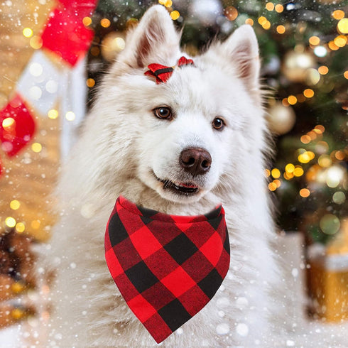 Pohshido 2 Pack Dog Cat Buffalo Plaid Bandanas, Checkered Red Flannel Triangle Bibs for Pets (Large)