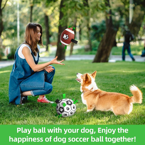 QDAN Dog Soccer Ball Football Set, 2 PCS Dog Balls with Strap for Tug of War, Soccer Ball Toys for Small Medium Large