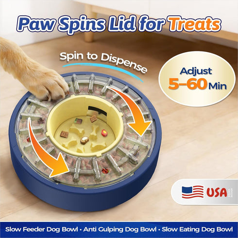 5-60 4-Cup KADTC Min Adjustable Slow Feeder Bowl for Fast Eaters, Spinning Dog Puzzle Feeder, Anti-Gulping Interactive