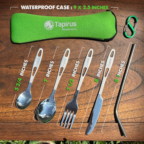 Tapirus Camp Utensils To Go | 6-piece Portable Set | Durable Stainless Steel | Light Weight Silverware With Waterproof Carrying Case | Ideal Equipment For Your Meal On The Go | Carabiner Included by Tapirus