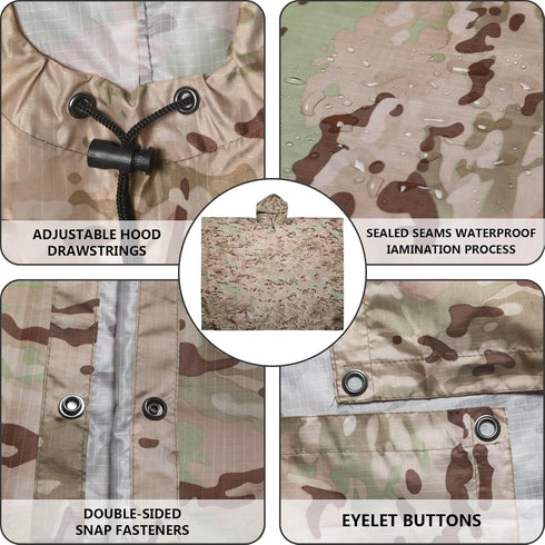 GRVCN Military Rain Poncho, Camouflage Raincoat, Outdoor Waterproof Lightweight