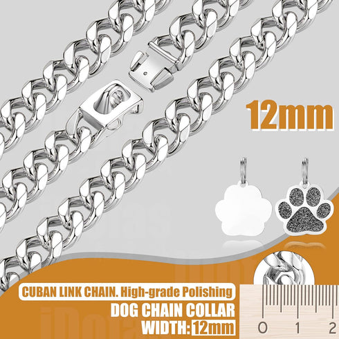 Dog Chain Collars 12mm Cuban Link with Tag Buckle, Stainless Steel Collar for Small Medium Large Dogs (18")