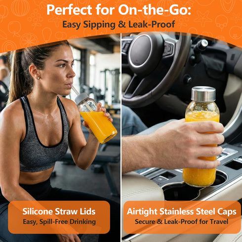 16 oz, 8 Pack 100% Luxfuel Glass Water Bottles with Lids Reusable Juice Bottle with Stainless Steel Cap & Straw, Leak