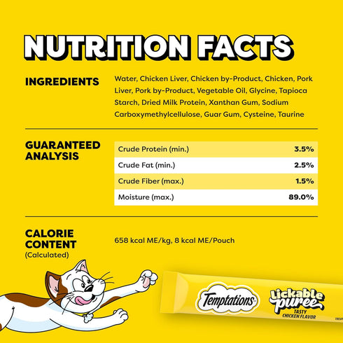 0.42 oz. 4 Count, Pack 11 (44 Temptations Creamy Puree Squeezable Lickable Cat Treats, Wet Cat Treats with Chicken