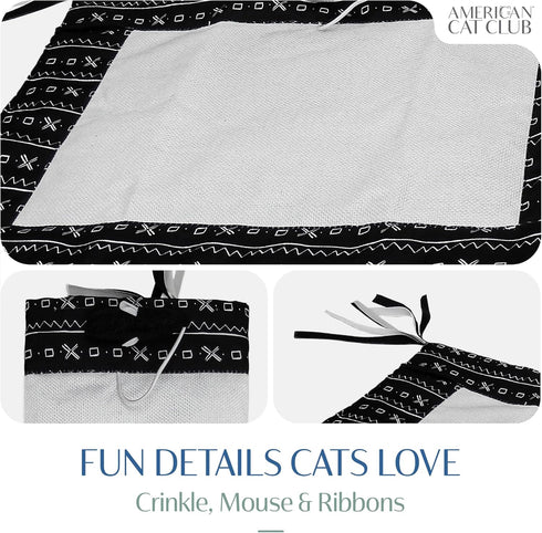American Cat Club 18 13 Reversible Crinkle Cat Mat with Mouse Toy Black Mudcloth Pattern, Interactive Crinkle Play Mat