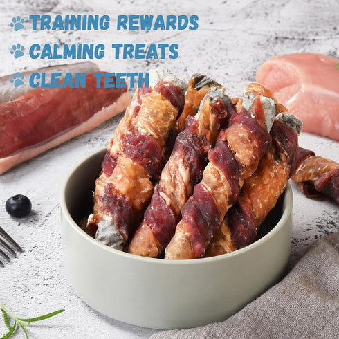 Dog Treats, Chicken Duck Wrapped Cod Skin Sticks, Rawhide Free, Grain Free Chewy Treats for Healthy Teeth, 9-10 Counts