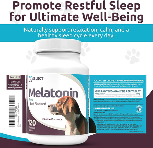 K9 Select Melatonin for Dogs, Composure Dog Calming Chews, 3 mg, 120 Beef Flavored Chewable Tablets