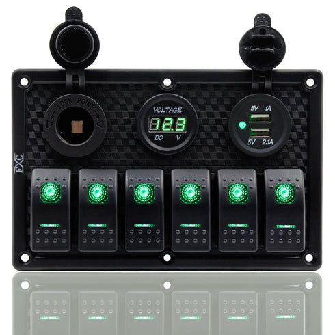 FXC 6 Gang Waterproof Marine Boat Rocker Switch Panel with Dual USB, Cigarette Lighter & Green LED Voltage Display