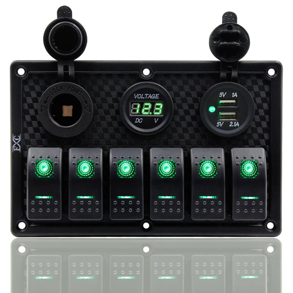 FXC 6 Gang Waterproof Marine Boat Rocker Switch Panel with Dual USB, Cigarette Lighter & Green LED Voltage Display